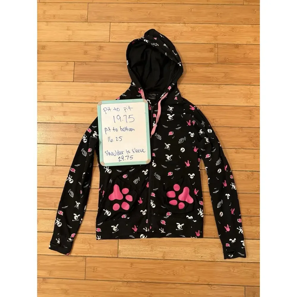 RARE Living Dead Souls Sz M Bunny Pink Paw Print Hoodie.